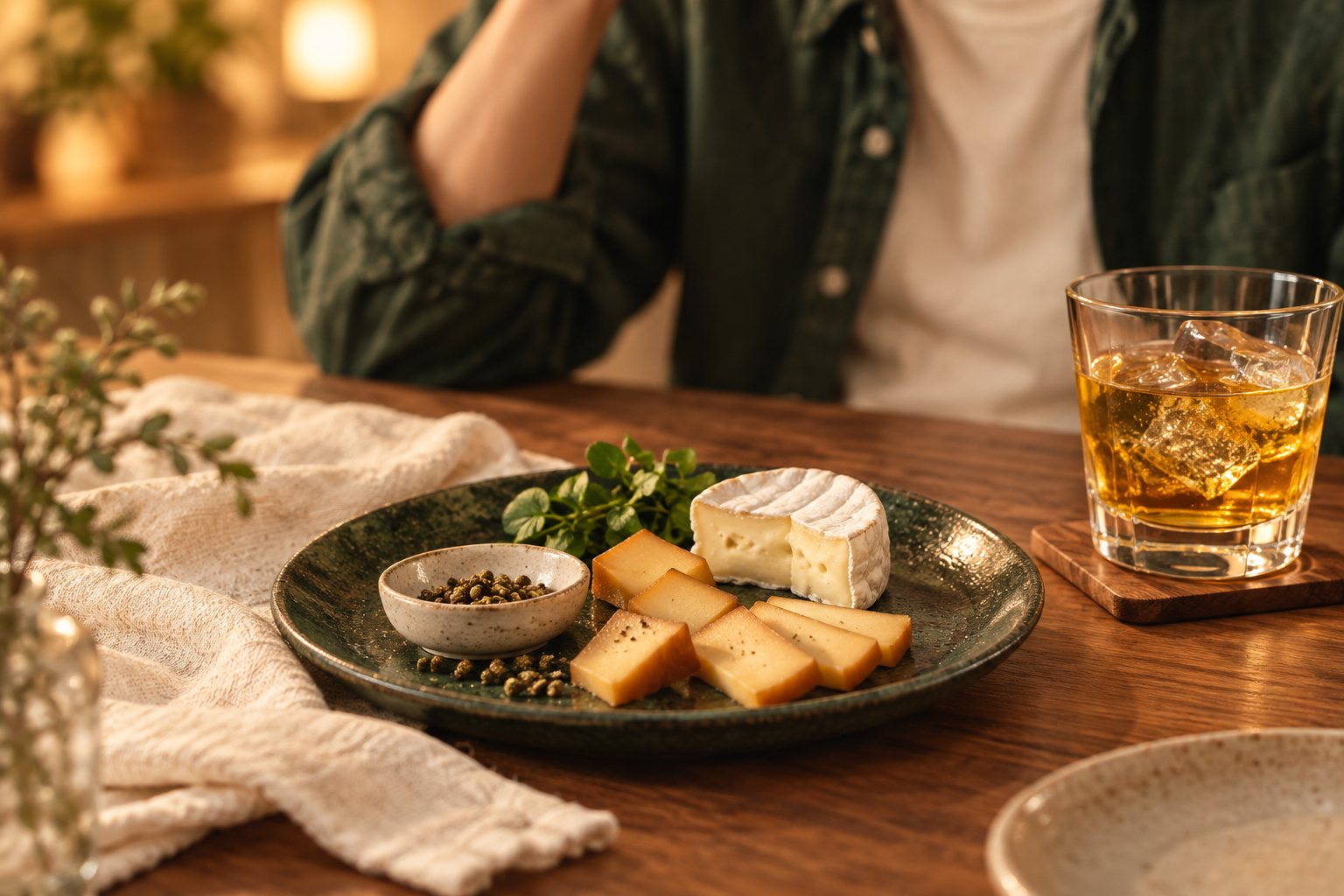 深緑の服を着た人物と、チーズやグラスが並ぶ温かな家飲みの実写風イメージ